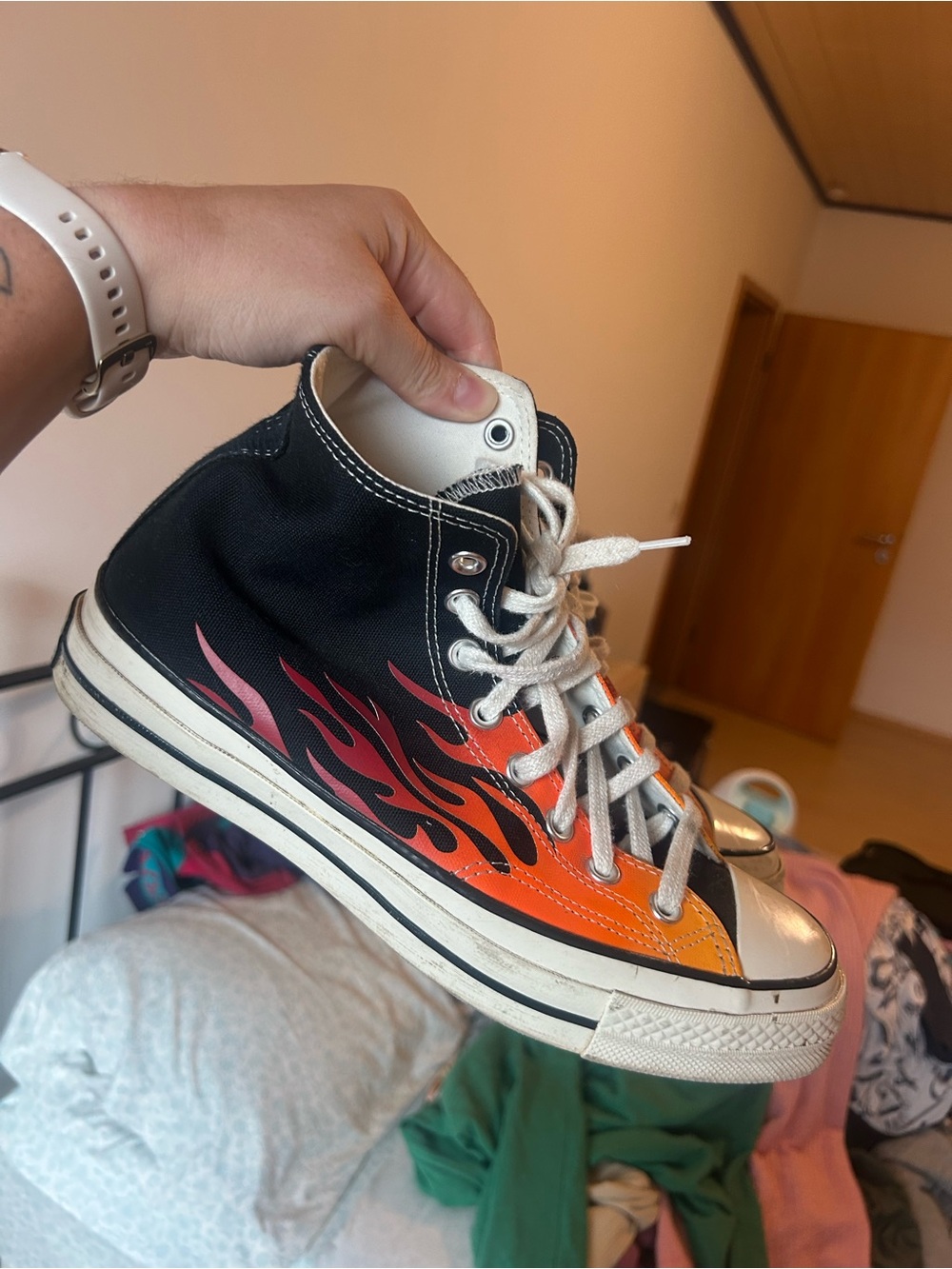 High top Converse with Orange Flame Design